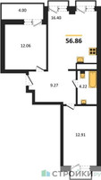 Планировка двухкомнатной(квартира) площадью 56.86 квадратных метров в “ЖК ВОСТОК II”