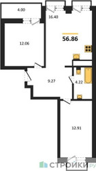 Планировка двухкомнатной(квартира) площадью 56.86 квадратных метров в ЖК “ЖК ВОСТОК II”