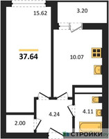 Планировка однокомнатной(квартира) площадью 37.64 квадратных метров в “ЖК Домодедово Парк”