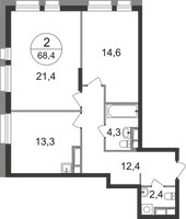 Планировка двухкомнатной(квартира) площадью 68.4 квадратных метров в “ЖК Первый Московский”