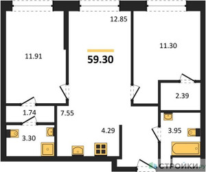 Планировка двухкомнатной(квартира) площадью 59.3 квадратных метров в ЖК “ЖК Self (Селф)”