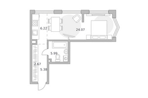 Планировка однокомнатной(квартира) площадью 44.33 квадратных метров в “ЖК Мневники от Гранель”