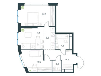 Планировка трехкомнатной(квартира) площадью 60.9 квадратных метров в ЖК “ЖК Level Мичуринский”