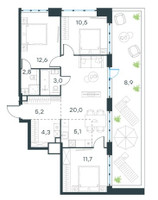 Планировка 4+ комнатной(квартира) площадью 84.6 квадратных метров в “ЖК Level Южнопортовая”