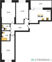 Планировка трехкомнатной(квартира) площадью 79.6 квадратных метров в “ЖК Рассказово”