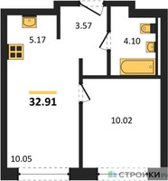 Планировка однокомнатной(квартира) площадью 32.91 квадратных метров в “ЖК Квартал Западный”