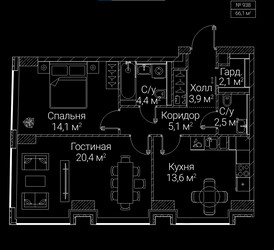 Планировка двухкомнатной(квартира) площадью 66.1 квадратных метров в ЖК “ЖК СЕЗАР БУДУЩЕЕ”
