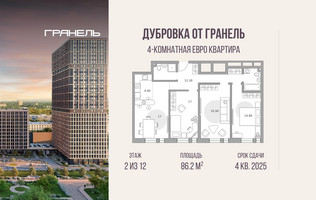 Планировка 4+ комнатной(квартира) площадью 86.2 квадратных метров в “ЖК Дубровка от Гранель”