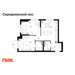 Планировка двухкомнатной(квартира) площадью 57.3 квадратных метров в ЖК “ЖК Середневский лес”