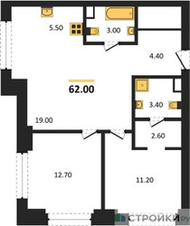 Планировка двухкомнатной(квартира) площадью 62 квадратных метров в “ЖК Upside Towers (Апсайд Тауэрс)”