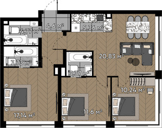Планировка трехкомнатной(квартира) площадью 81.6 квадратных метров в ЖК “ЖК Квартал Серебряный бор”