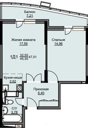 Планировка однокомнатной(квартира) площадью 47.9 квадратных метров в ЖК “ЖК Соболевка”