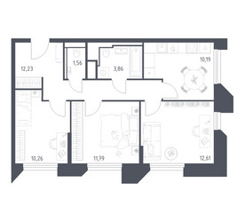 Планировка трехкомнатной(апартаменты) площадью 62.5 квадратных метров в ЖК “ЖК Скай Спутник”