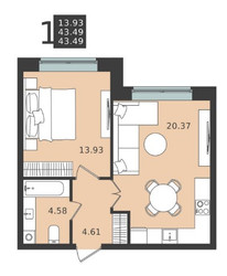 Планировка однокомнатной(квартира) площадью 42.56 квадратных метров в ЖК “ЖК Мишино-2”