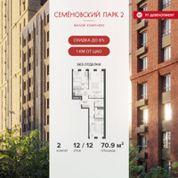 Планировка двухкомнатной(квартира) площадью 70.9 квадратных метров в “ЖК Семеновский парк 2”