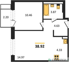 Планировка однокомнатной(квартира) площадью 38.92 квадратных метров в “ЖК Новое Внуково”