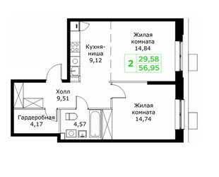 Планировка двухкомнатной(квартира) площадью 56.95 квадратных метров в ЖК “ЖК КИТ 2”