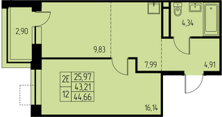 Планировка двухкомнатной(квартира) площадью 44.7 квадратных метров в “ЖК Дом на Студенческом”