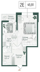 Планировка однокомнатной(квартира) площадью 47.44 квадратных метров в ЖК “ЖК Рига Хиллс”