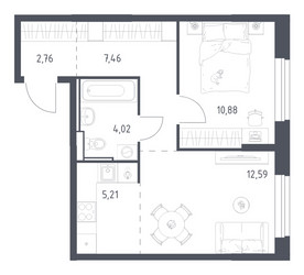 Планировка однокомнатной(квартира) площадью 42.92 квадратных метров в ЖК “ЖК Квартал Ивакино”