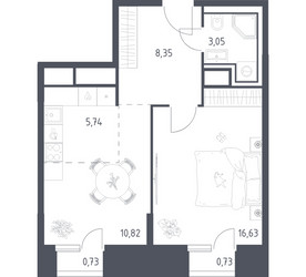 Планировка однокомнатной(апартаменты) площадью 46.05 квадратных метров в ЖК “ЖК Скай Спутник”