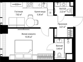 Планировка однокомнатной(квартира) площадью 38.96 квадратных метров в ЖК “ЖК Веер”