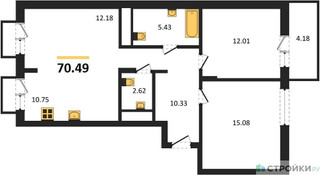 Планировка двухкомнатной(квартира) площадью 70.49 квадратных метров в “ЖК ВОСТОК II”