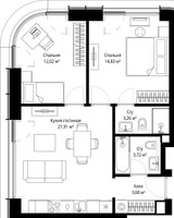 Планировка двухкомнатной(квартира) площадью 59.42 квадратных метров в “ЖК Сити Бэй”