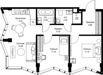 Планировка двухкомнатной(квартира) площадью 56.81 квадратных метров в ЖК “Дом премиум-класса МИРА”