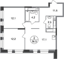 Планировка двухкомнатной(квартира) площадью 59.5 квадратных метров в “ЖК Первый Московский”