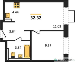 Планировка однокомнатной(квартира) площадью 32.32 квадратных метров в “ЖК Новое Видное”