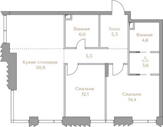 Планировка двухкомнатной(квартира) площадью 82.4 квадратных метров в ЖК “ЖК Коллекция Лужники”