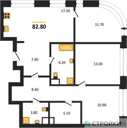 Планировка трехкомнатной(квартира) площадью 82.8 квадратных метров в ЖК “ЖК Символ”