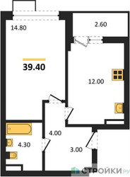 Планировка однокомнатной(квартира) площадью 39.4 квадратных метров в ЖК “ЖК Прокшино”