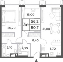 Планировка трехкомнатной(квартира) площадью 80.7 квадратных метров в “ЖК Will Towers (Вилл Тауэрс)”