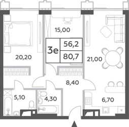 Планировка трехкомнатной(квартира) площадью 80.7 квадратных метров в ЖК “ЖК Will Towers (Вилл Тауэрс)”
