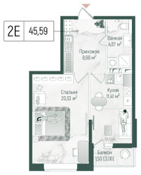Планировка однокомнатной(квартира) площадью 47.09 квадратных метров в ЖК “ЖК Рига Хиллс”