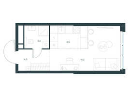 Планировка студии(квартира) площадью 28 квадратных метров в “ЖК Левел Мичуринский”