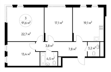 Планировка трехкомнатной(квартира) площадью 91.6 квадратных метров в ЖК “ЖК Переделкино Ближнее”