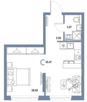 Планировка студии(квартира) площадью 35.47 квадратных метров в “ЖК Страна.Парковая”