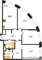 Планировка трехкомнатной(квартира) площадью 80.2 квадратных метров в ЖК “ЖК Нагатино Ай-Лэнд”