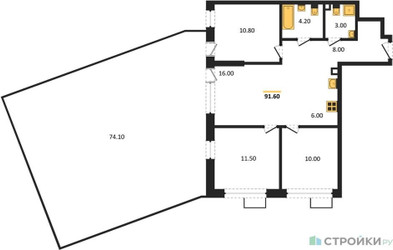 Планировка трехкомнатной(квартира) площадью 91.6 квадратных метров в ЖК “ЖК Скандинавия”