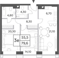 Планировка трехкомнатной(квартира) площадью 79.6 квадратных метров в “ЖК Will Towers (Вилл Тауэрс)”