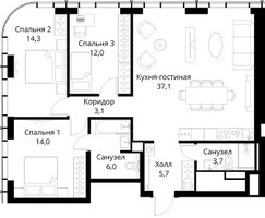 Планировка трехкомнатной(квартира) площадью 95.9 квадратных метров в “ЖК Сити Бэй”