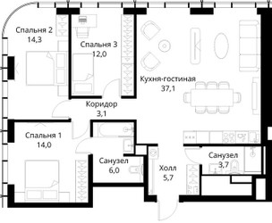 Планировка трехкомнатной(квартира) площадью 95.9 квадратных метров в ЖК “ЖК Сити Бэй”
