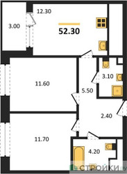 Планировка двухкомнатной(квартира) площадью 52.3 квадратных метров в ЖК “Жилые кварталы Белый Град”