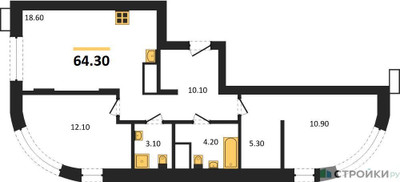 Планировка двухкомнатной(квартира) площадью 64.3 квадратных метров в ЖК “ЖК Резиденции Сколково”