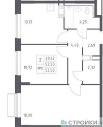 Планировка двухкомнатной(квартира) площадью 53.5 квадратных метров в ЖК “ЖК Томилино Парк”