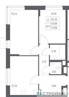 Планировка двухкомнатной(квартира) площадью 53.88 квадратных метров в “ЖК Подольские кварталы”