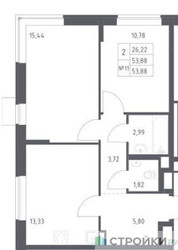Планировка двухкомнатной(квартира) площадью 53.88 квадратных метров в ЖК “ЖК Подольские кварталы”